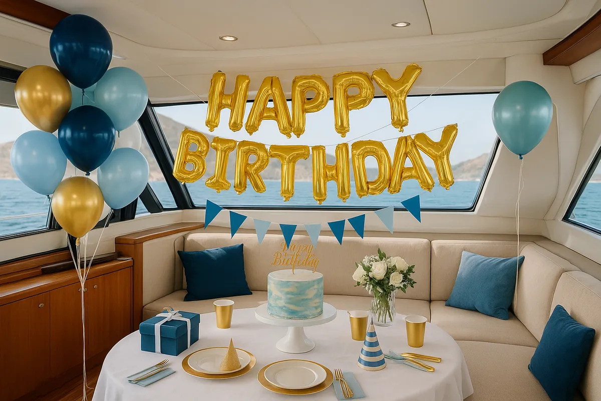 Birthday celebration prepared inside a yacht